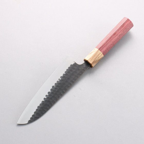Anryu Blue Super Hammered Black Finished Small Santoku 150mm Purpleheart (Ferrule: Oak) Handle - Seisuke Knife