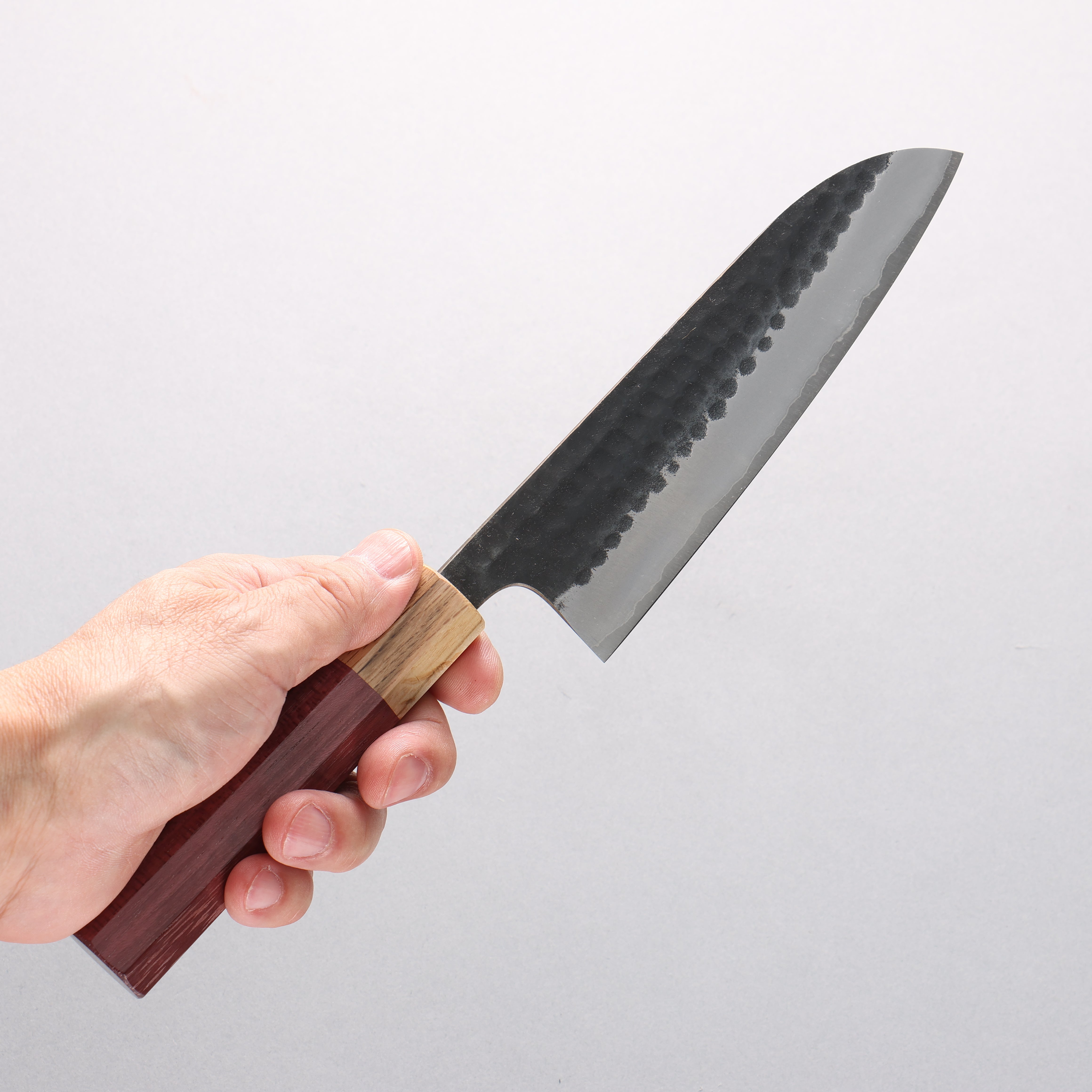 Anryu Blue Super Hammered Black Finished Small Santoku 150mm Purpleheart (Ferrule: Oak) Handle - Seisuke Knife