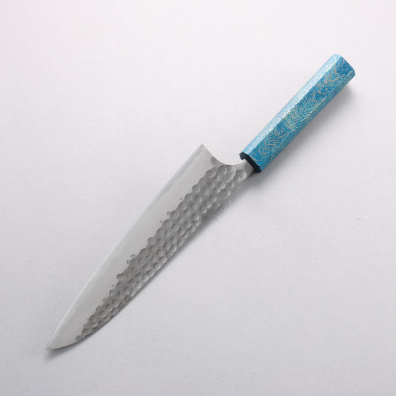 Anryu Blue Super Hammered Migaki Finished Gyuto 210mm Lacquered Oak (Blue Ocean) Handle - Seisuke Knife