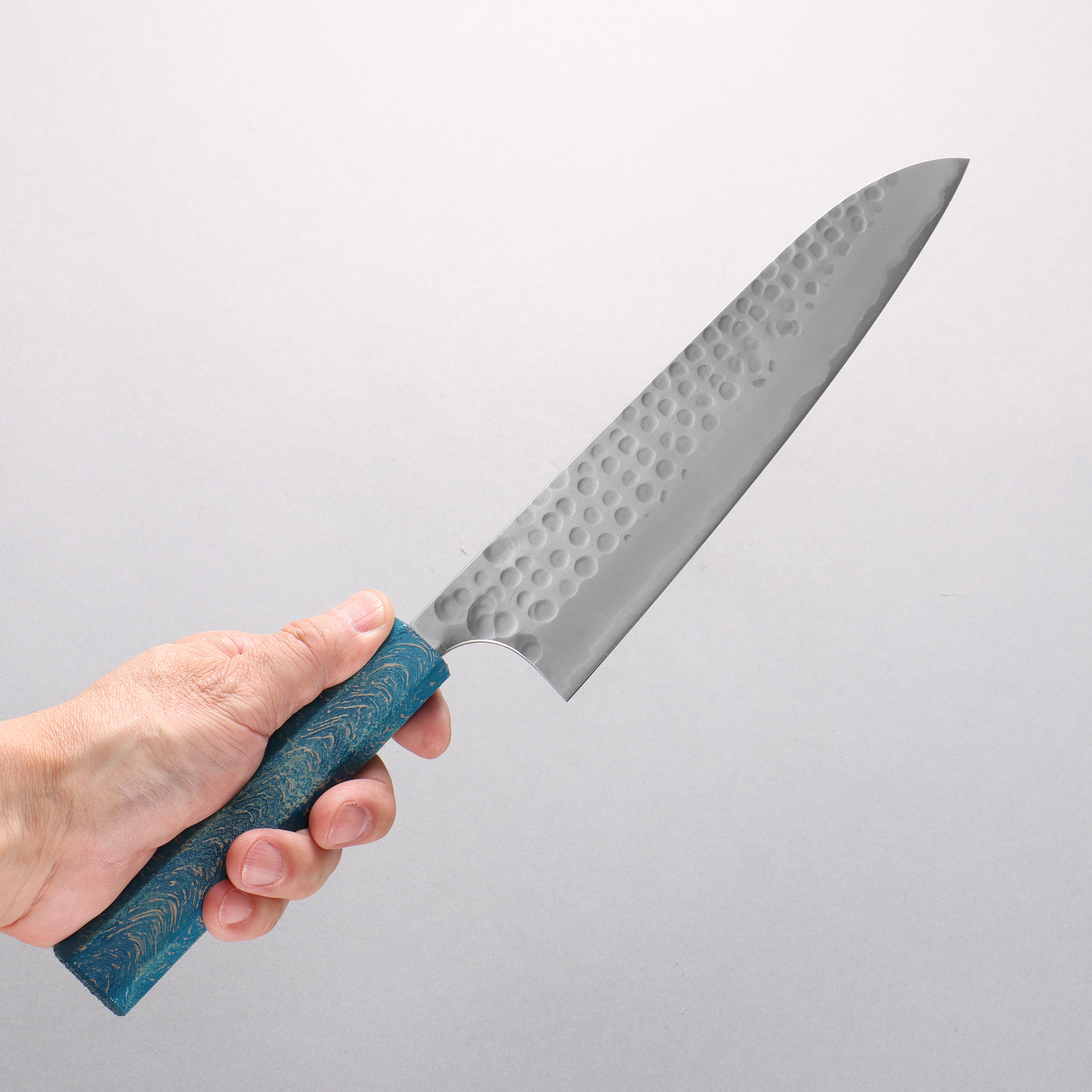 Anryu Blue Super Hammered Migaki Finished Gyuto 210mm Blue Ocean Lacquered Oak Handle - Seisuke Knife