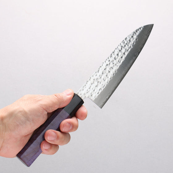 Yu Kurosaki Senko Ryu SG2 Hammered Small Santoku 150mm Purple Stabilized Wood Handle - Seisuke Knife