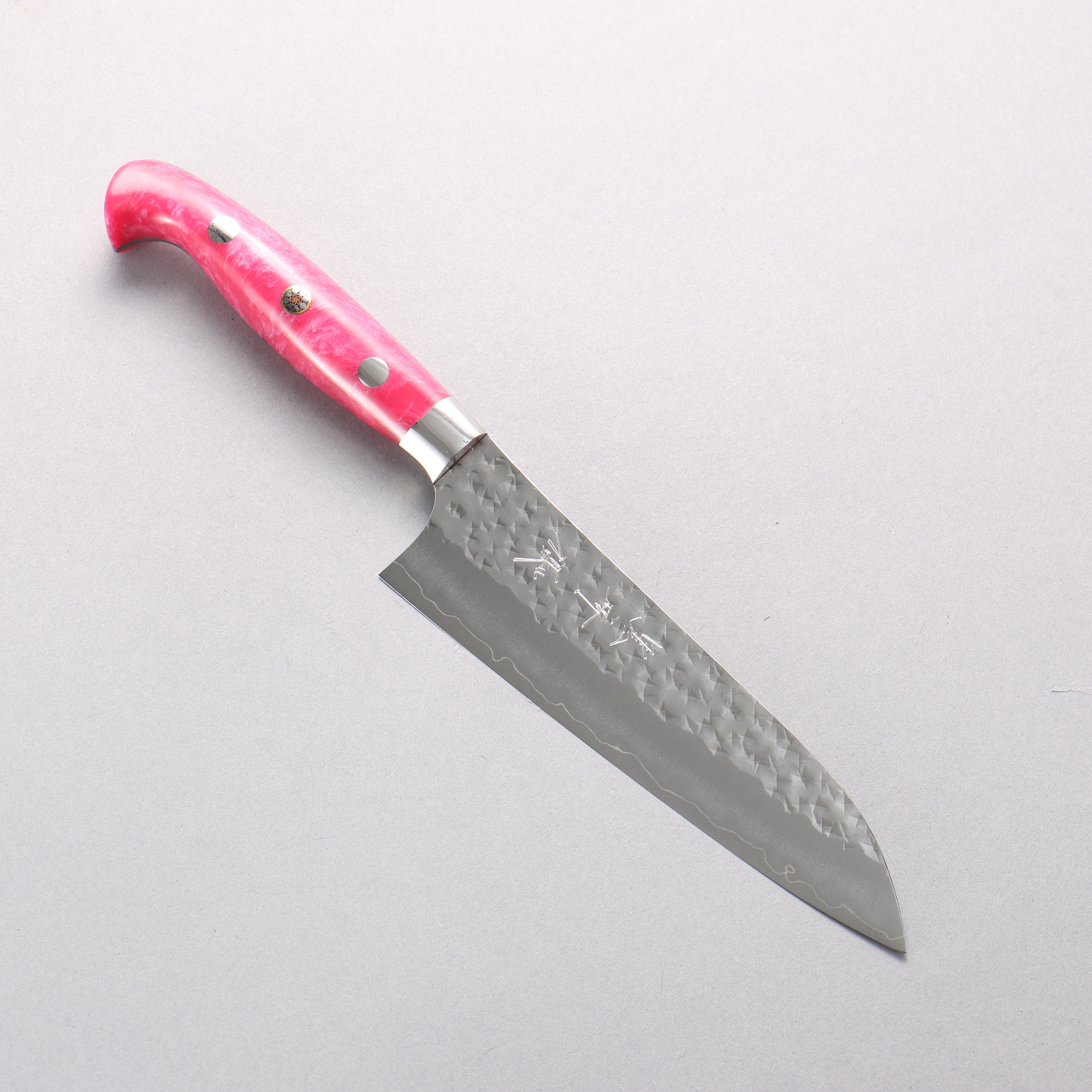 Yu Kurosaki Senko Ryu SG2 Hammered Small Santoku 150mm Pink Marble Acrylic Handle - Seisuke Knife