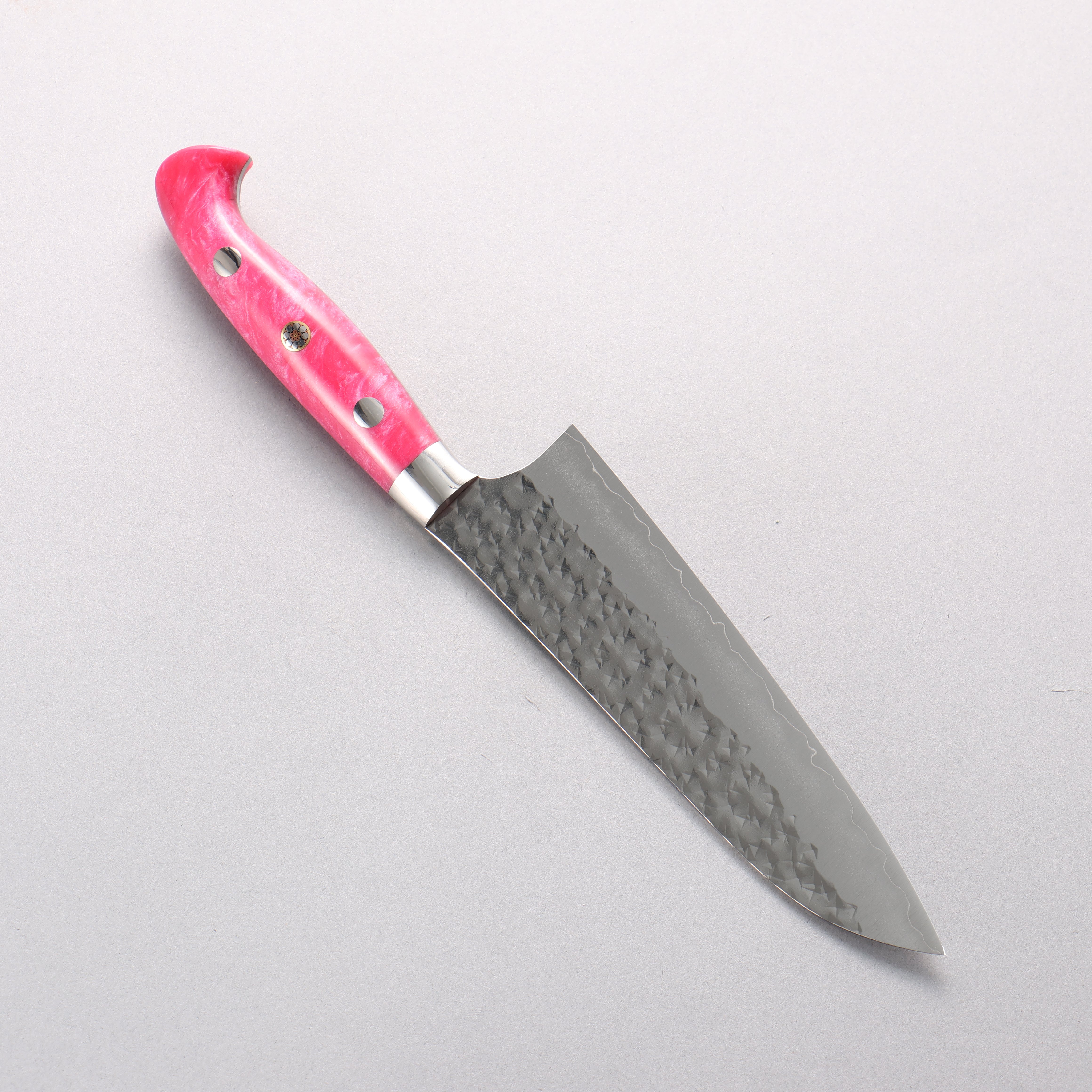 Yu Kurosaki Senko Ryu SG2 Hammered Small Santoku 150mm Pink Marble Acrylic Handle - Seisuke Knife