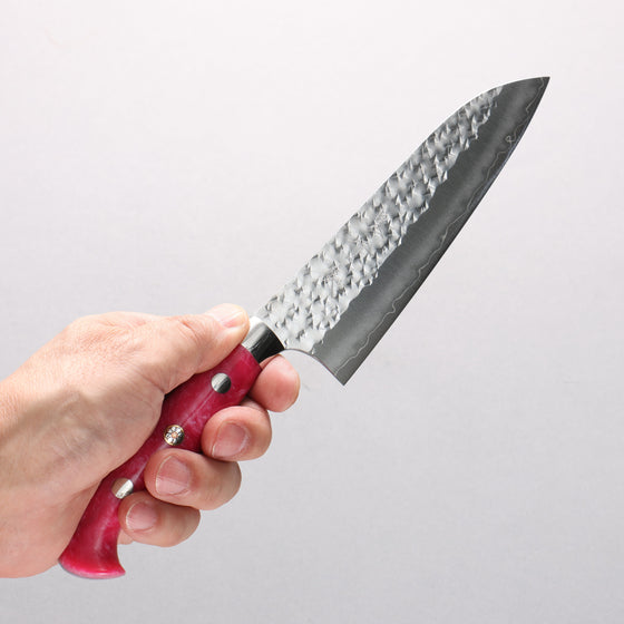 Yu Kurosaki Senko Ryu SG2 Hammered Small Santoku 150mm Pink Marble Acrylic Handle - Seisuke Knife