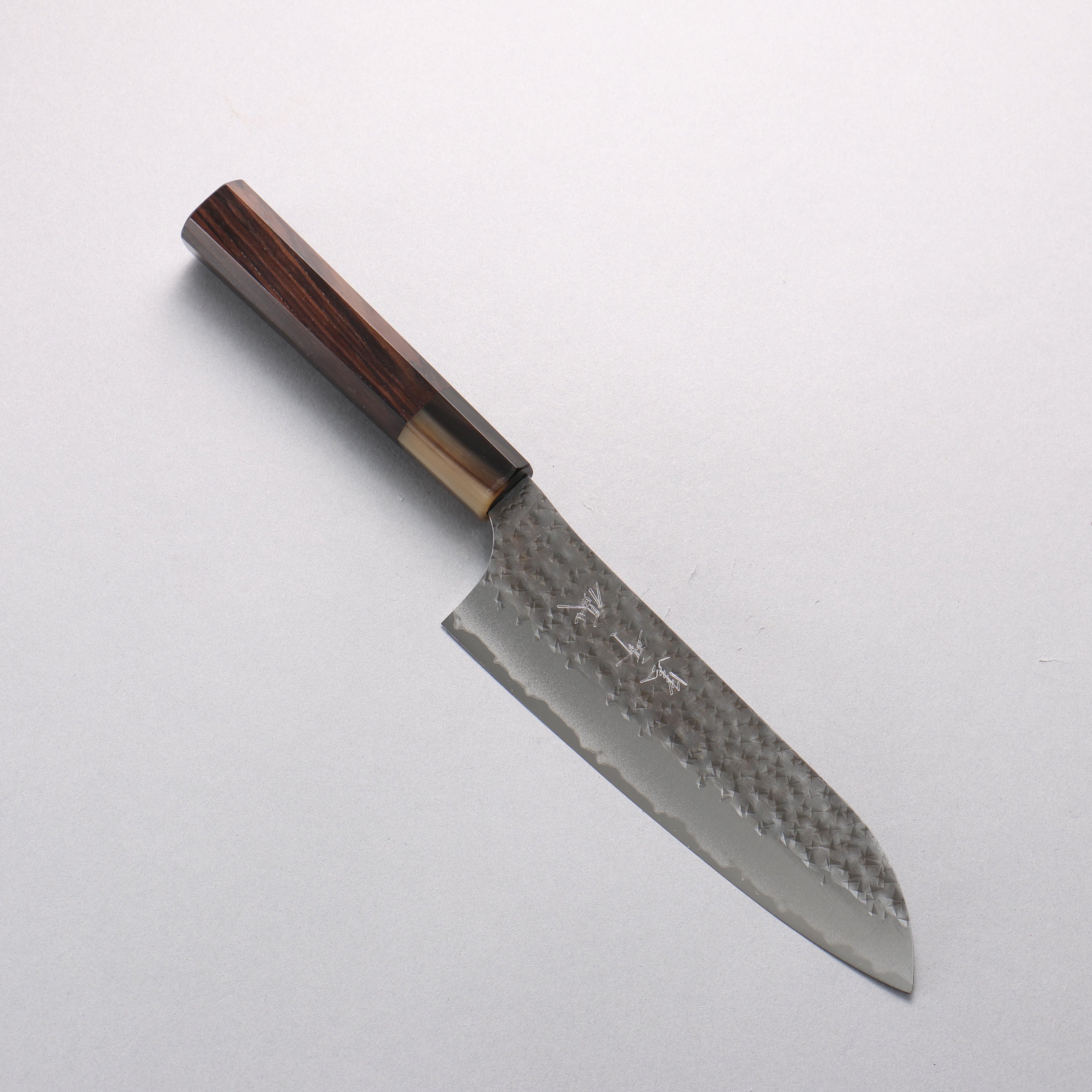 Yu Kurosaki Senko Ryu Blue Super Hammered Black Finished Santoku 170mm Ebony Wood & Water Buffalo Horn Handle - Seisuke Knife