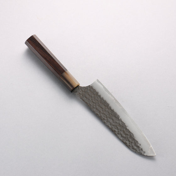 Yu Kurosaki Senko Ryu Blue Super Hammered Black Finished Santoku 170mm Ebony Wood & White Water Buffalo Horn Handle - Seisuke Knife