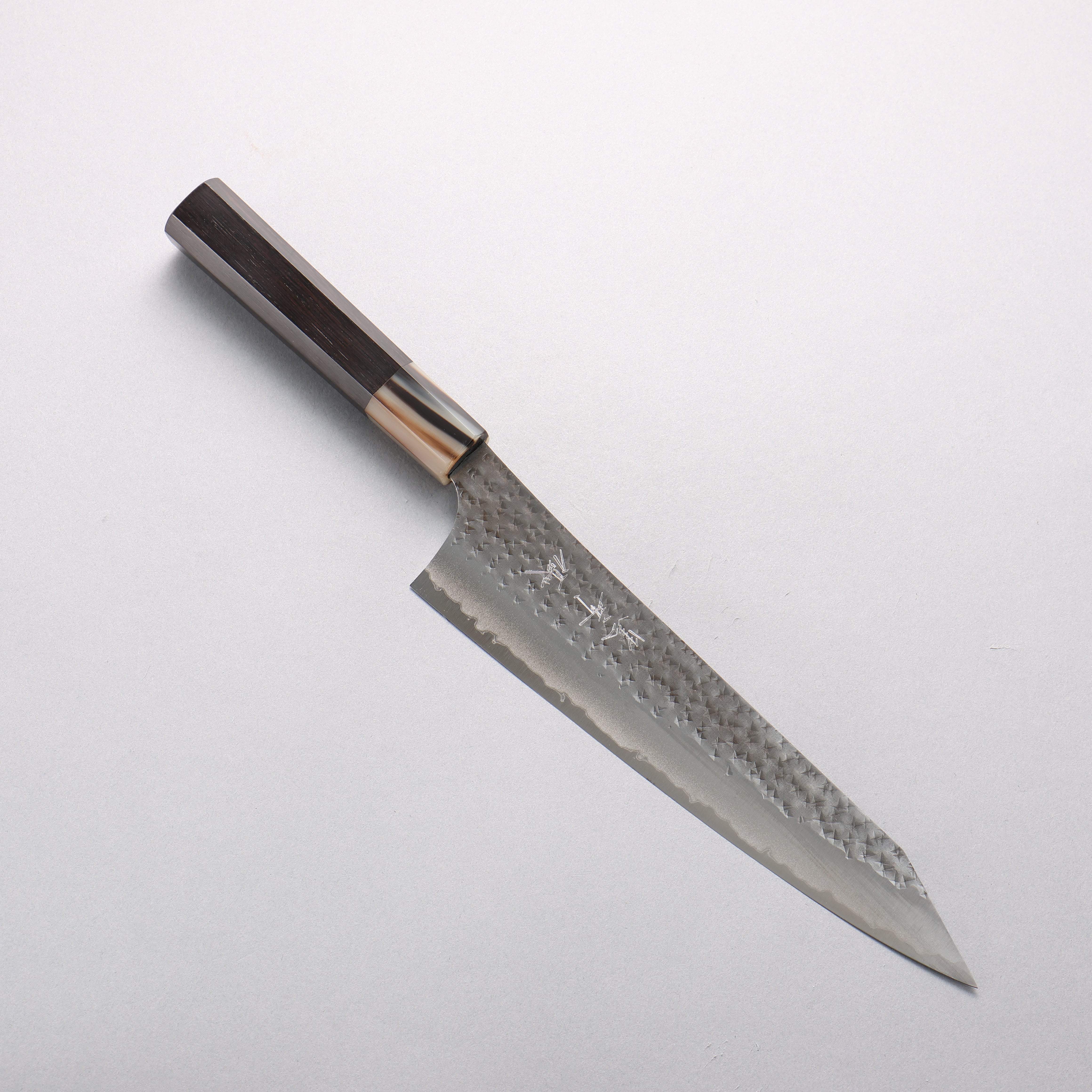 Yu Kurosaki Senko Ei Blue Super Hammered Black Finished Gyuto 210mm Ebony Wood & Water Buffalo Horn Handle - Seisuke Knife