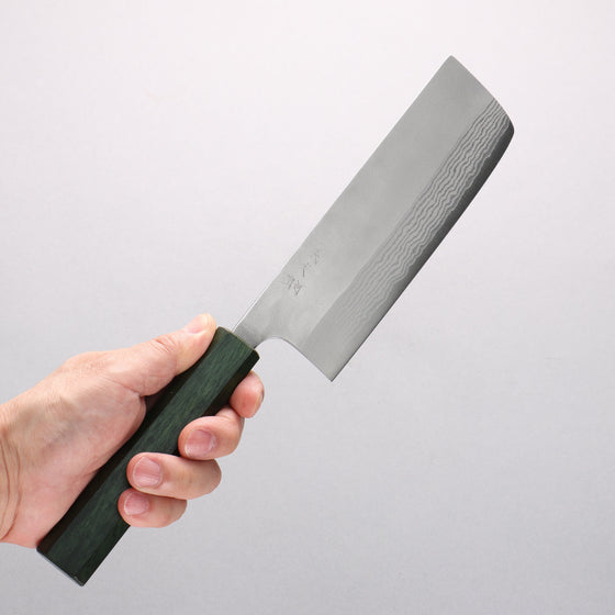 Yoshimi Kato VG10 Damascus Nashiji Nakiri 165mm Oak (Green lacquered) Handle - Seisuke Knife