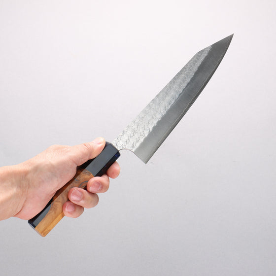 Yoshimi Kato Minamo SG2 Hammered Kiritsuke Gyuto 210mm Olive Tree and Blue Resin Handle - Seisuke Knife