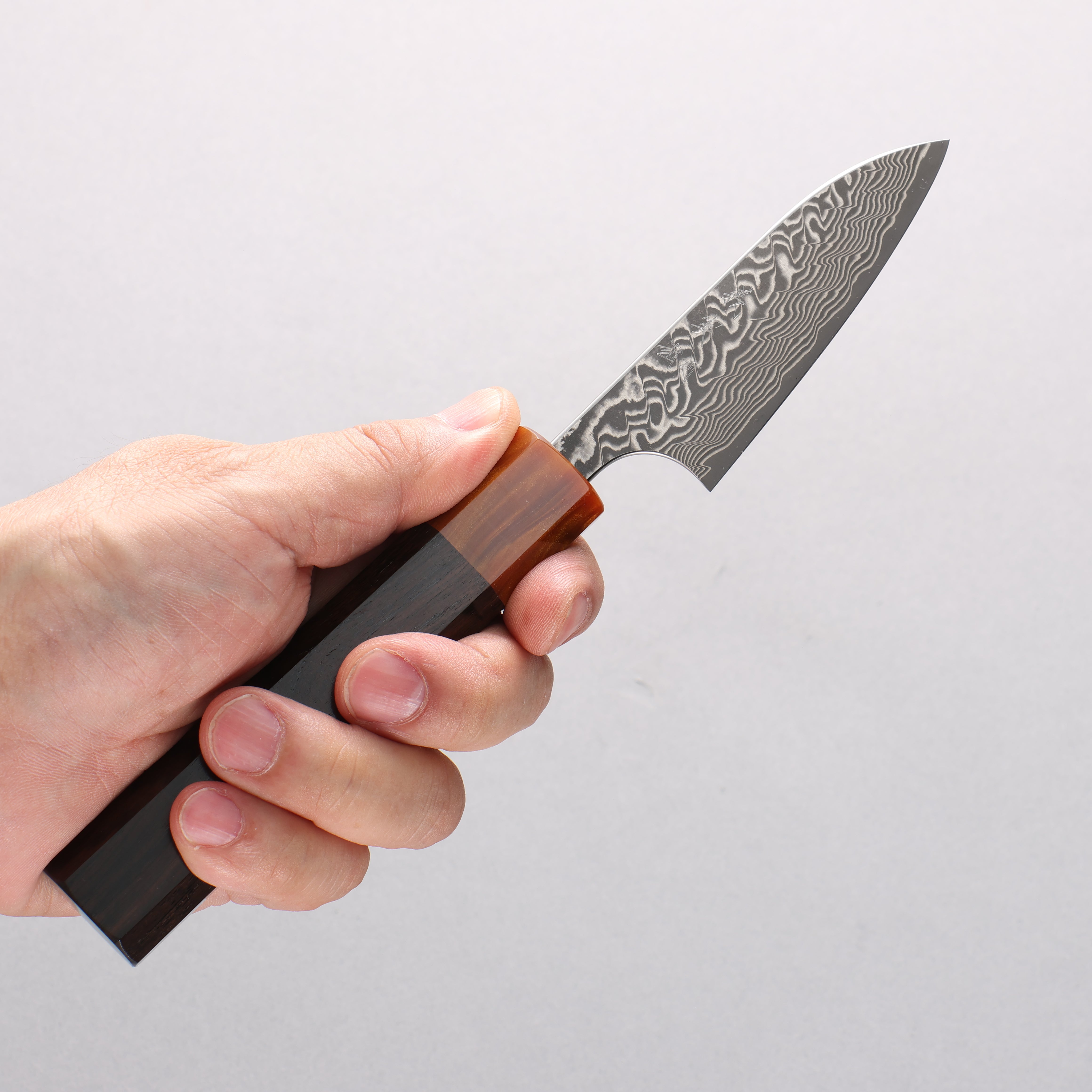 Yoshimi Kato SG2 Black Damascus Petty-Utility 80mm Ebony (ferrule: Orange Resin) Handle - Seisuke Knife