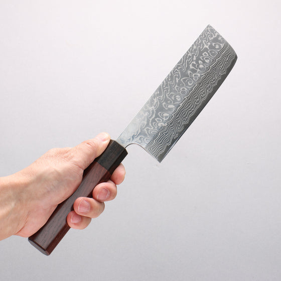 Yoshimi Kato SG2 Damascus Migaki Finished Nakiri 165mm Rosewood (Ferrule: Ebony) Handle - Seisuke Knife