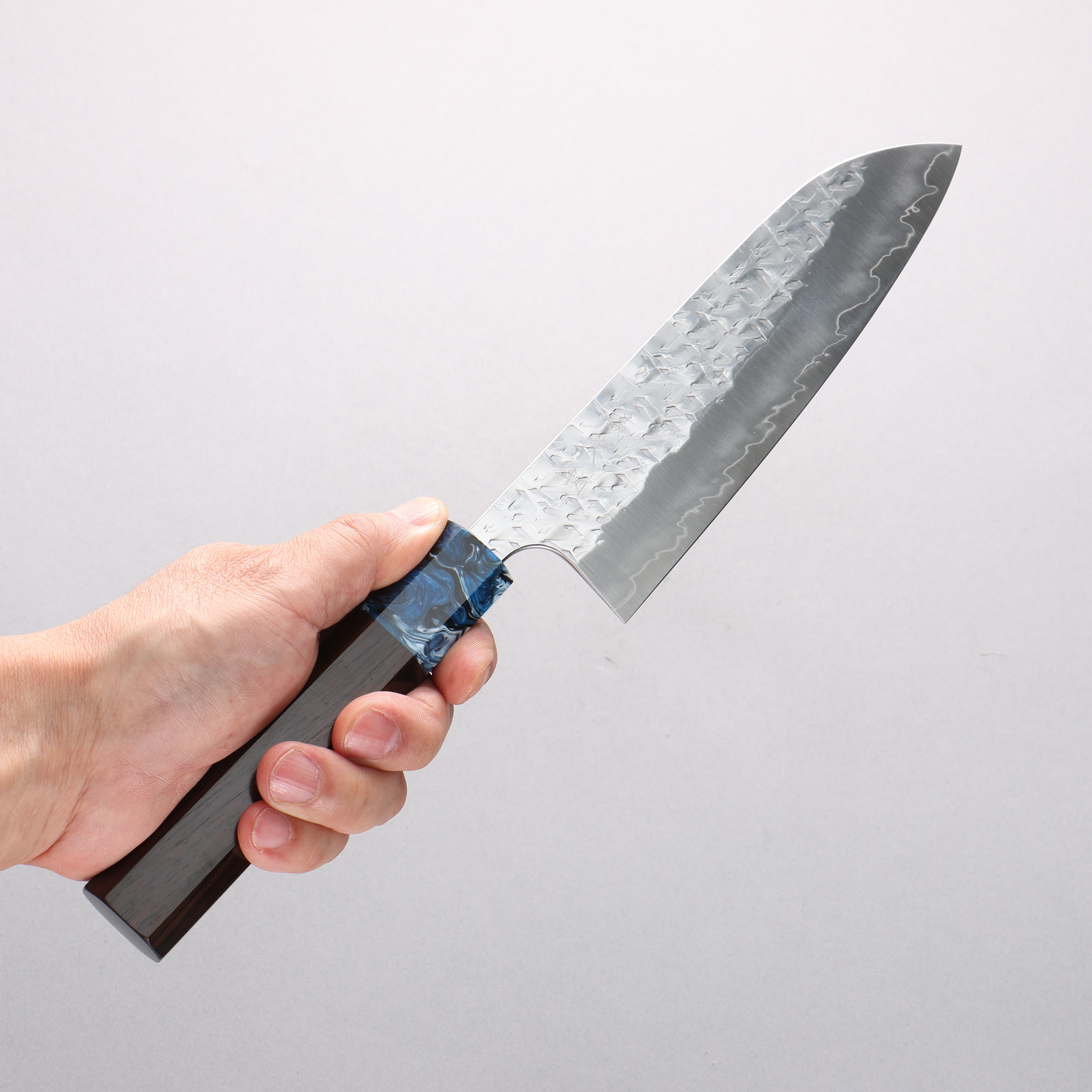 Yoshimi Kato Hyo SG2 Hammered Santoku 170mm Ebony (ferrule: Blue Marble Resin) Handle - Seisuke Knife