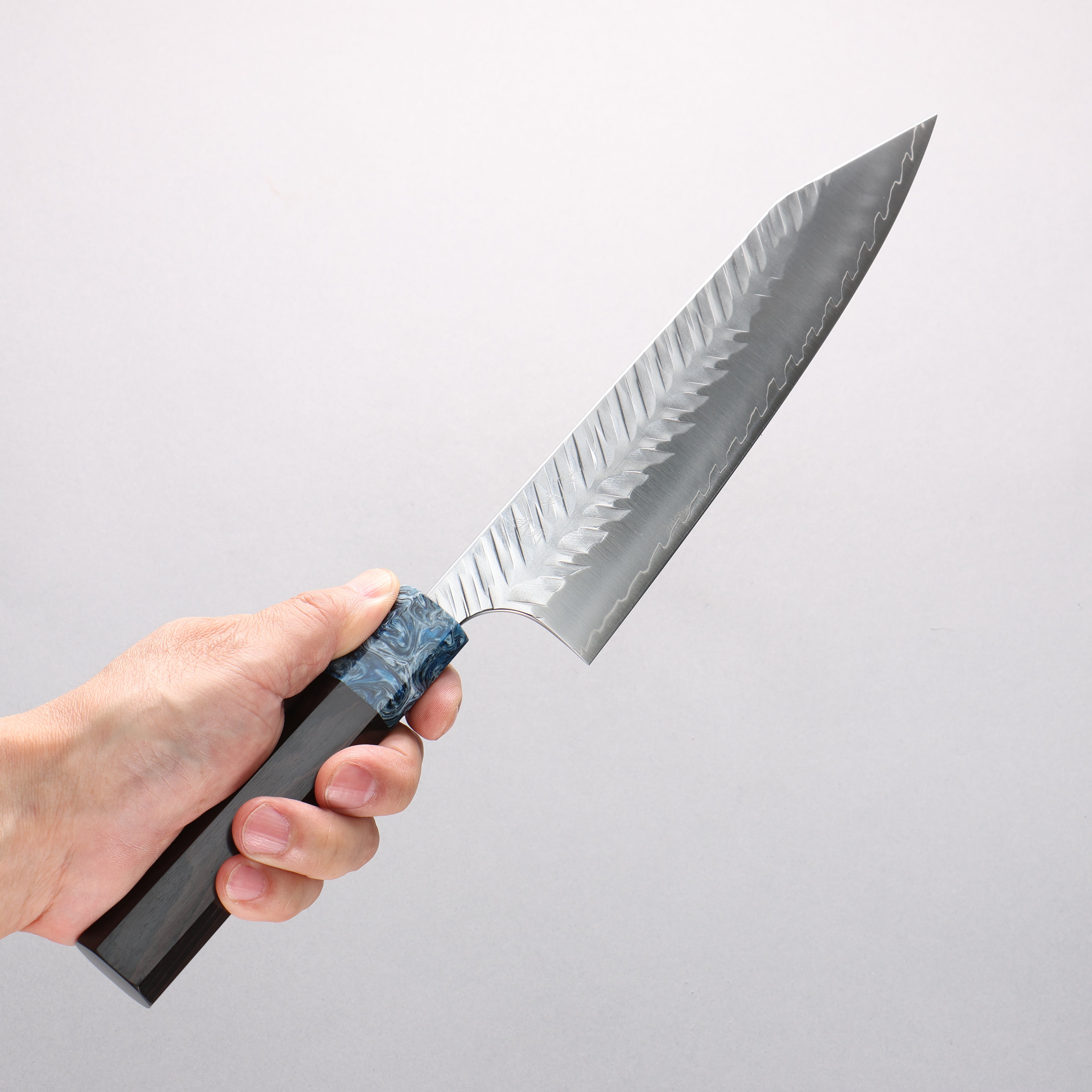 Yoshimi Kato SPG STRIX Hammered (V) Kiritsuke Gyuto 210mm Ebony (ferrule: Blue Marble Resin) Handle - Seisuke Knife