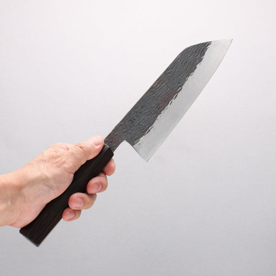 Isamitsu Abe Blue Super Hammered Black Finished Santoku 180mm Pentagonal Shitan Handle - Seisuke Knife