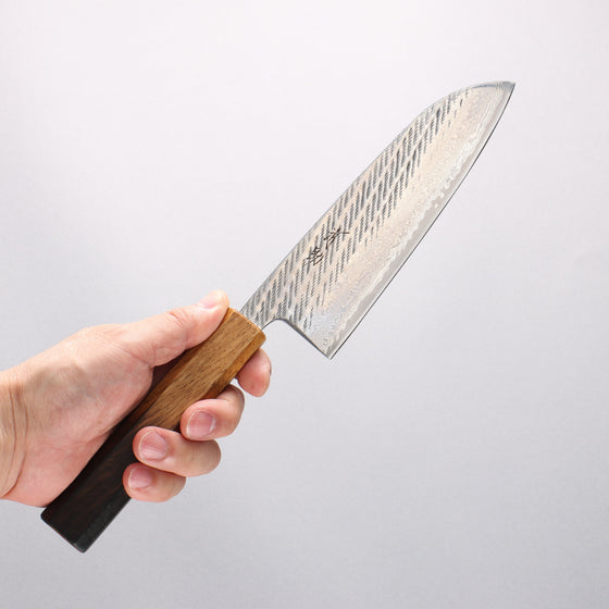 Seisuke AUS10 Hammered Damascus Rope Pattern Santoku 170mm Burnt Oak Handle - Seisuke Knife