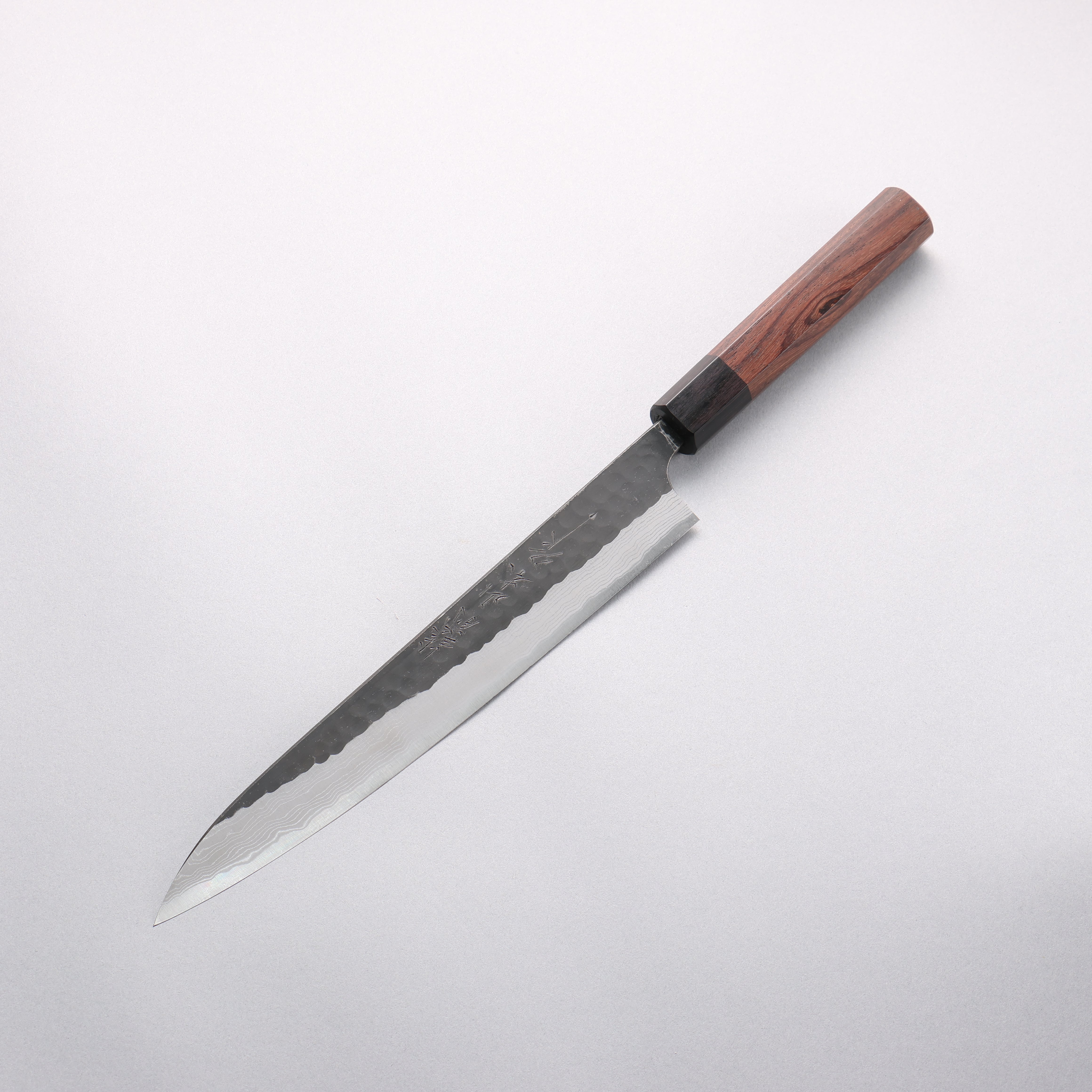 Nao Yamamoto Blue Super Kurouchi Hammered Damascus Yanagiba 240mm Rosewood Handle - Seisuke Knife