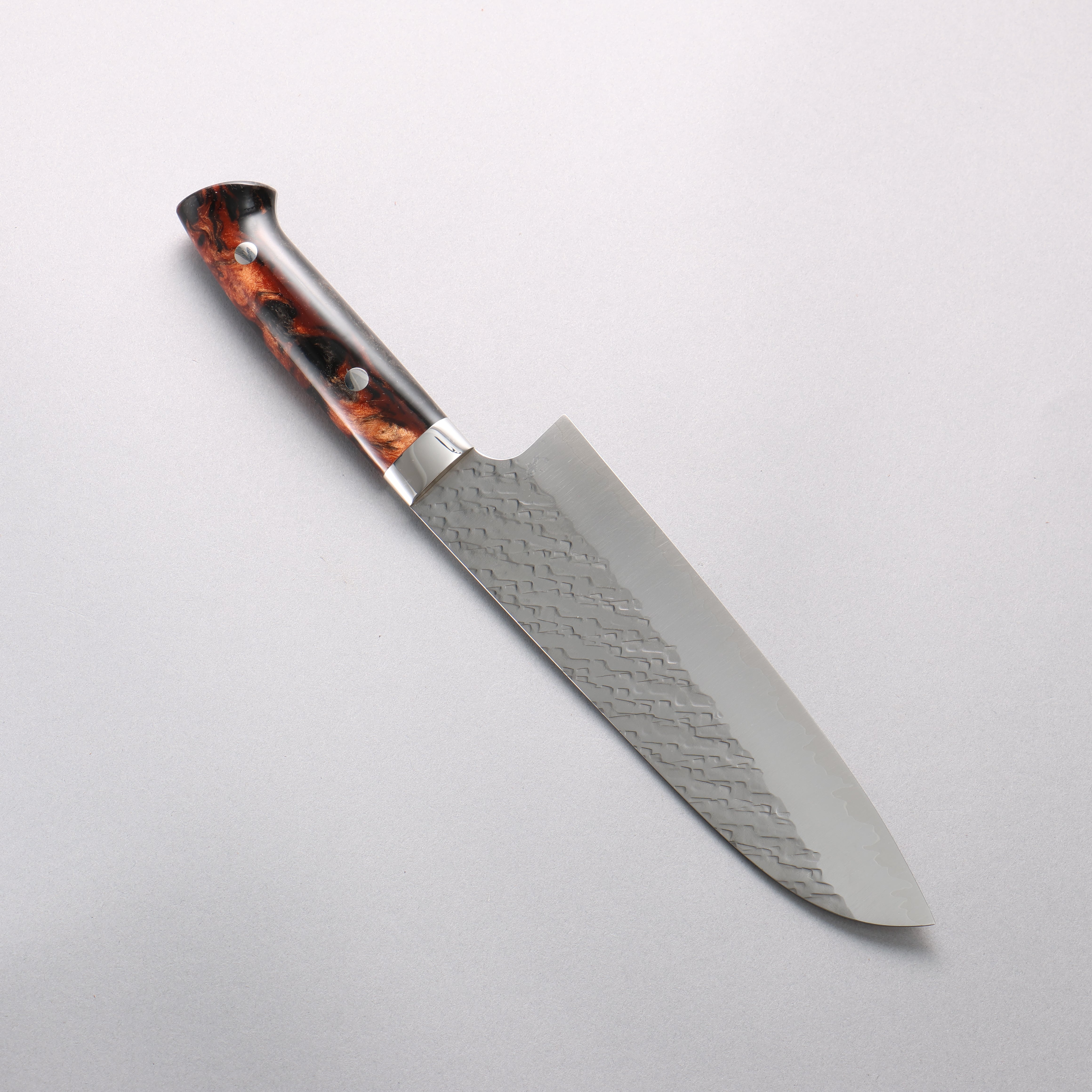 Takeshi Saji SPG STRIX Hammered Migaki Finished Santoku 180mm Brown Black Acrylic Handle - Seisuke Knife