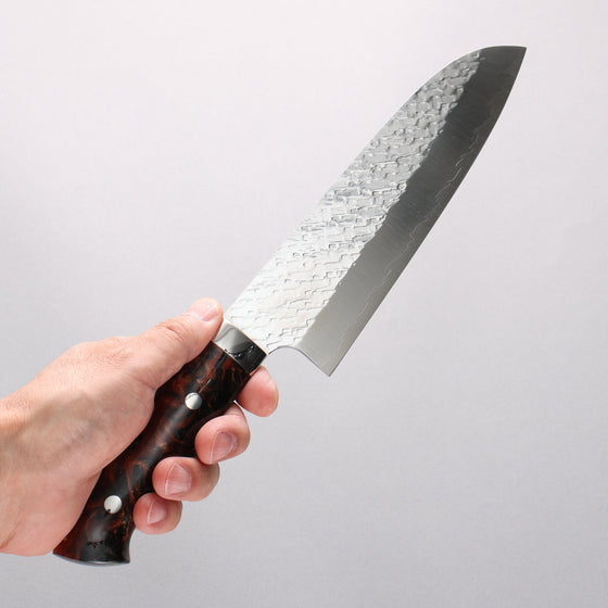 Takeshi Saji SPG STRIX Hammered Migaki Finished Santoku 180mm Brown Black Acrylic Handle - Seisuke Knife