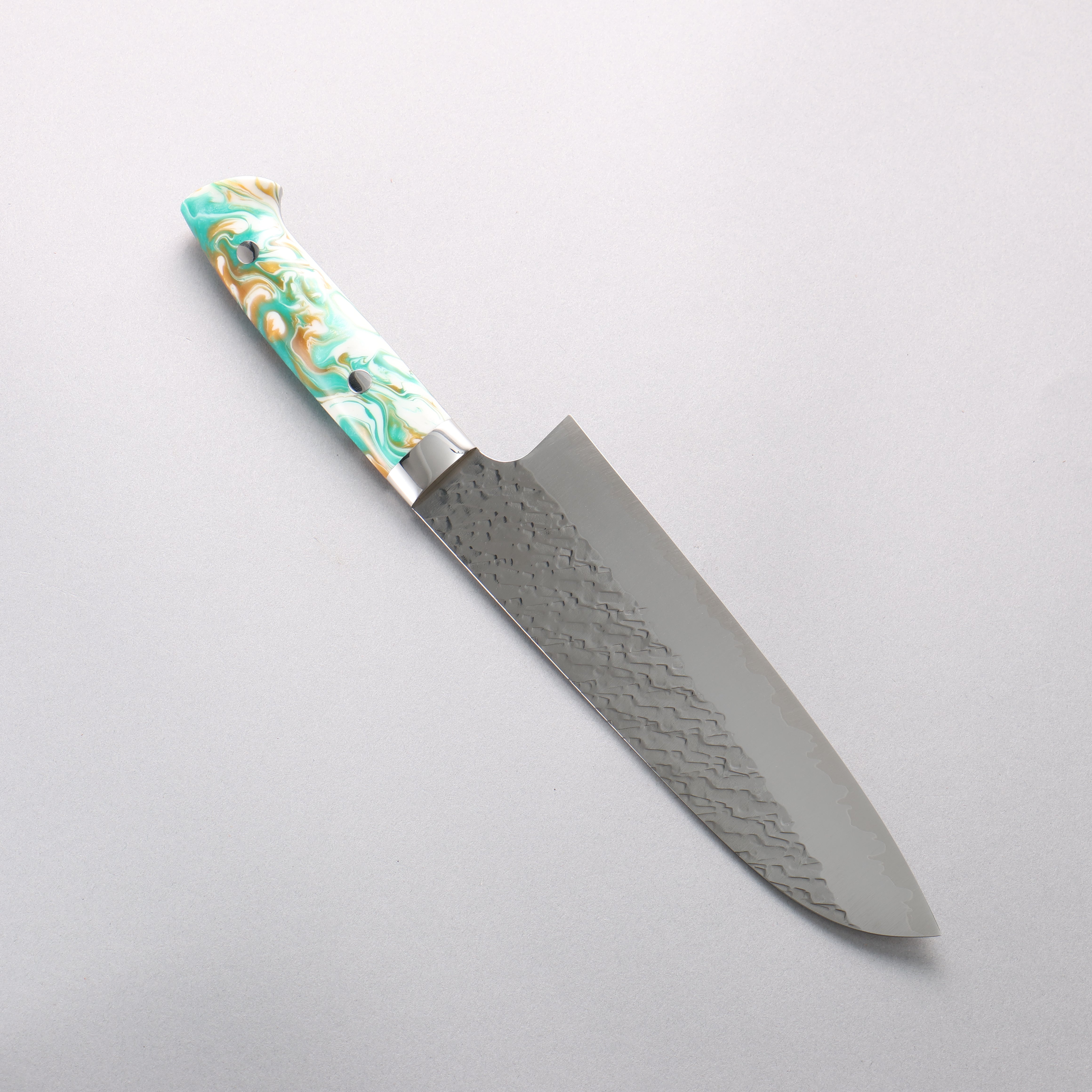 Takeshi Saji SPG STRIX Hammered Migaki Santoku 180mm White, Green, Gold Acrylic Handle - Seisuke Knife