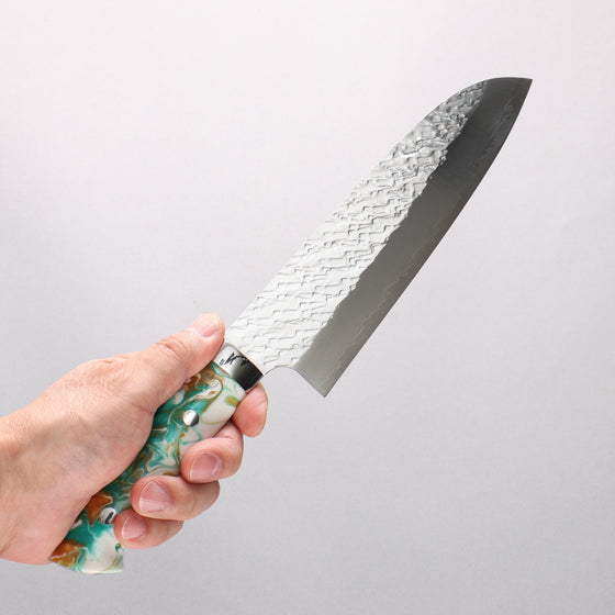 Takeshi Saji SPG STRIX Hammered Migaki Finished Santoku 180mm White Green Gold Acrylic Handle - Seisuke Knife