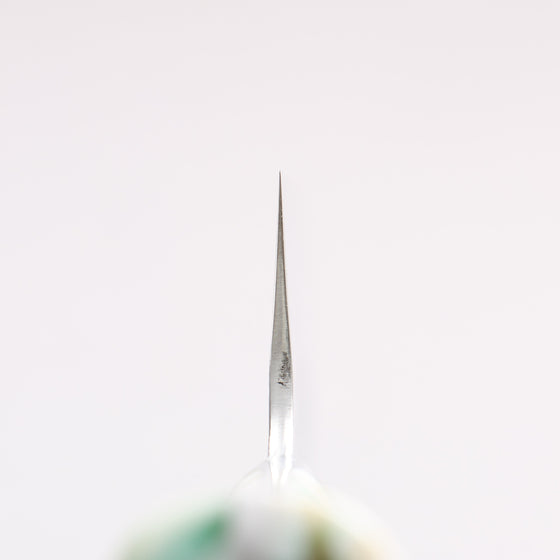 Takeshi Saji SPG STRIX Hammered Migaki Finished Santoku 180mm White Green Gold Acrylic Handle - Seisuke Knife