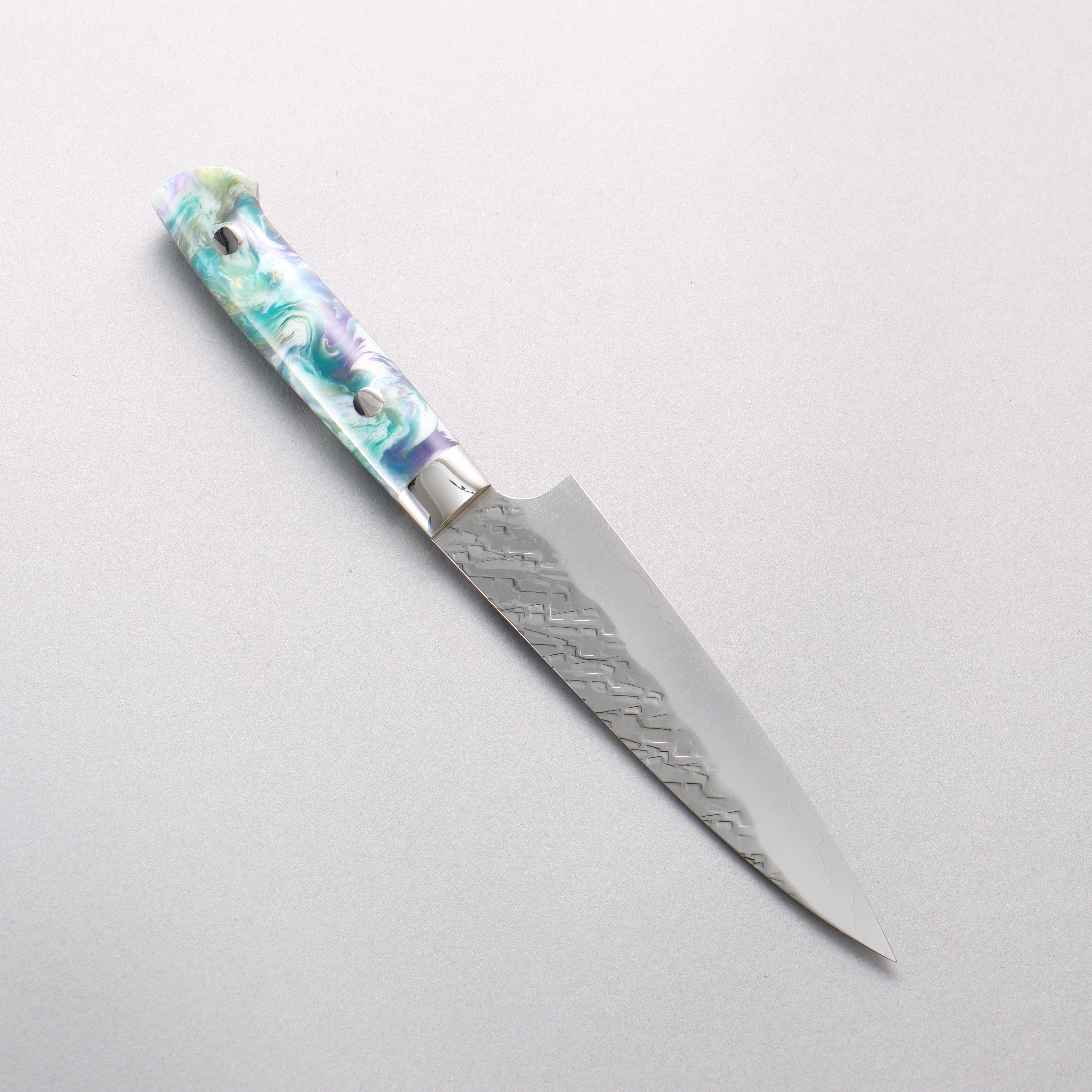 Takeshi Saji SPG STRIX Hammered Migaki Finished Petty-Utility 130mm White Green Purple Gray Acrylic Handle - Seisuke Knife