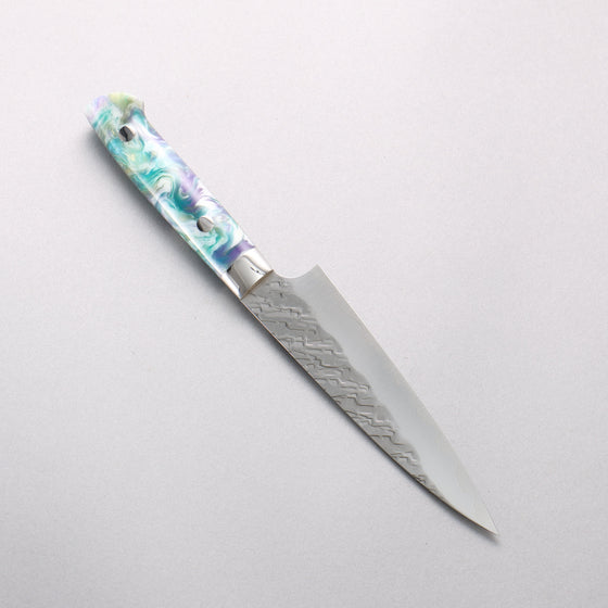 Takeshi Saji SPG STRIX Hammered Migaki Finished Petty-Utility 130mm White Green Purple Gray Acrylic Handle - Seisuke Knife