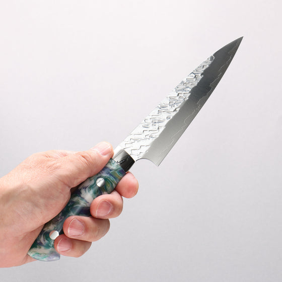 Takeshi Saji SPG STRIX Hammered Migaki Finished Petty-Utility 130mm White Green Purple Gray Acrylic Handle - Seisuke Knife