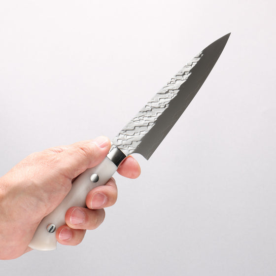 Takeshi Saji SPG STRIX Hammered Migaki Finished Petty-Utility 130mm White Acrylic Handle - Seisuke Knife