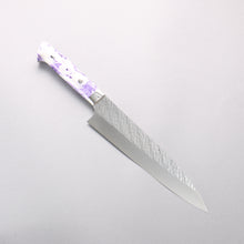  Takeshi Saji SPG STRIX Hammered Migaki Finished Gyuto 210mm Purple and White Marble Acrylic Handle - Seisuke Knife