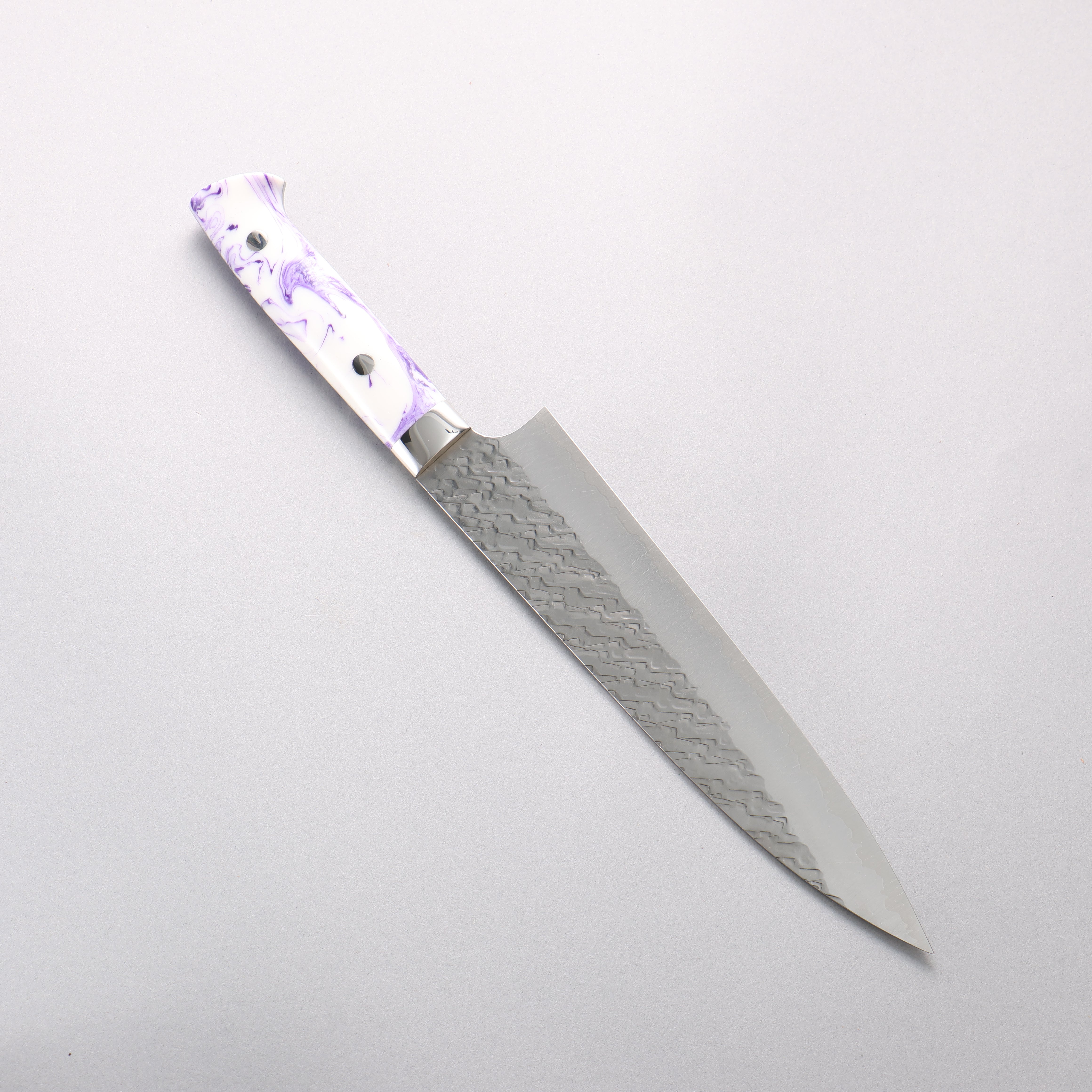 Takeshi Saji SPG STRIX Hammered Migaki Finished Gyuto 210mm Purple and White Marble Acrylic Handle - Seisuke Knife