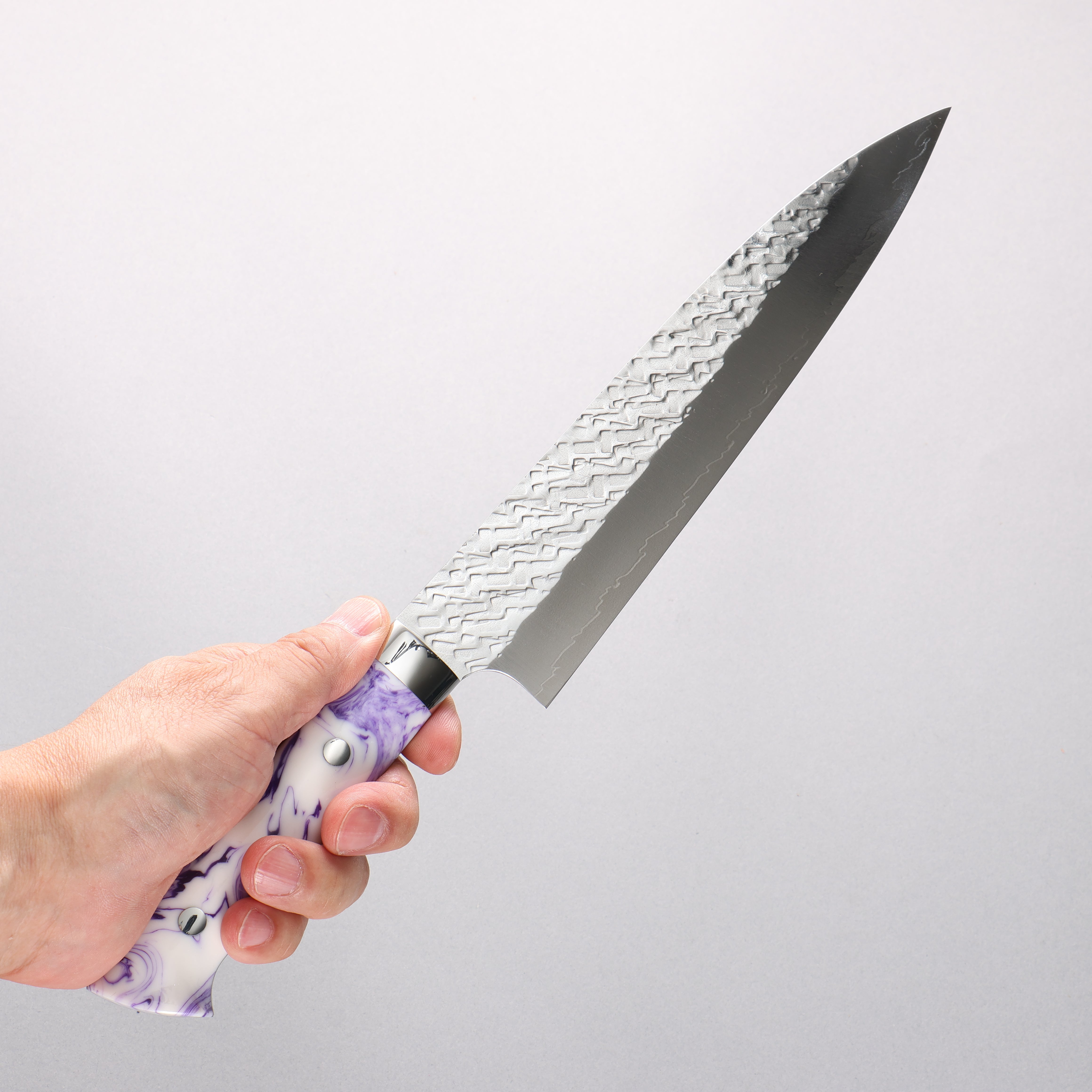Takeshi Saji SPG STRIX Hammered Migaki Finished Gyuto 210mm Purple and White Marble Acrylic Handle - Seisuke Knife