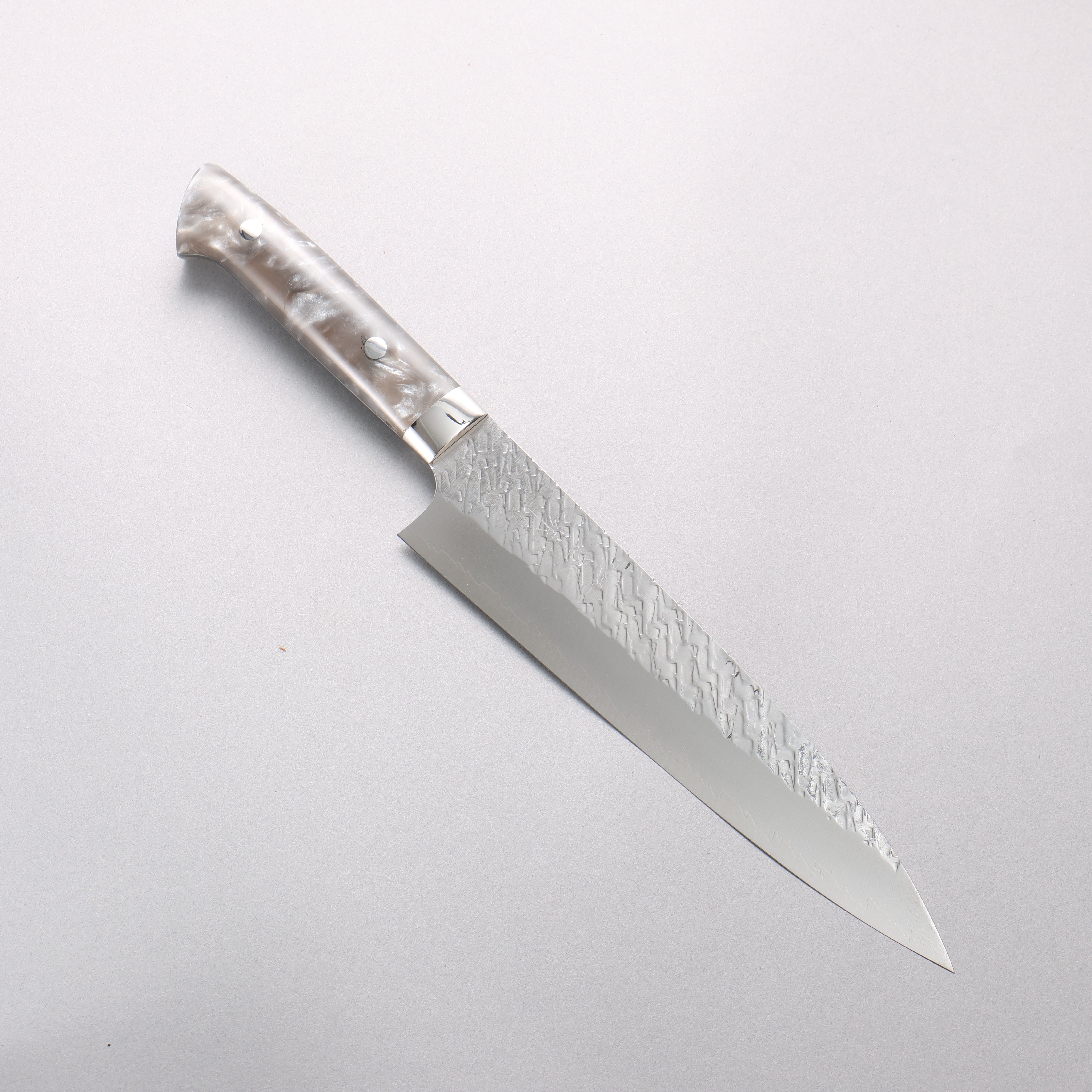 Takeshi Saji SPG STRIX Hammered Migaki Finished Gyuto 210mm Gray Acrylic Handle - Seisuke Knife