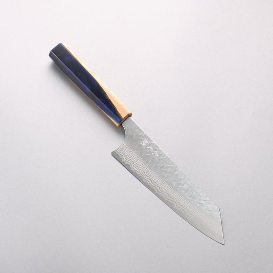 Yoshimi Kato Nami VG-XEOS Hammered Damascus Bunka 170mm Olive Tree and Blue Resin Handle - Seisuke Knife