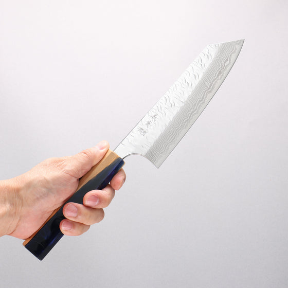 Yoshimi Kato Nami VG-XEOS Hammered Damascus Bunka 170mm Olive Tree and Blue Resin Handle - Seisuke Knife