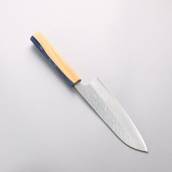 Yoshimi Kato Nami VG-XEOS Hammered Damascus Santoku 170mm Olive Tree and Blue Resin Handle - Seisuke Knife