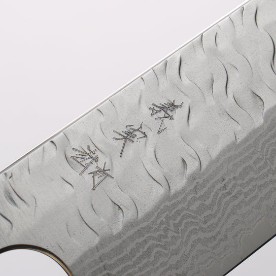 Yoshimi Kato Nami VG-XEOS Hammered Damascus Santoku 170mm Olive Tree and Blue Resin Handle - Seisuke Knife