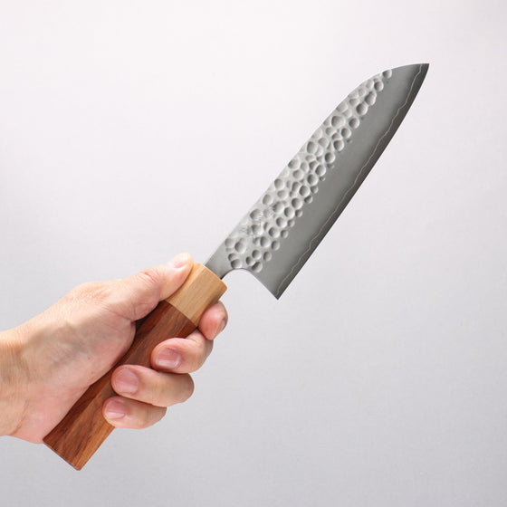 Yoshimi Kato Silver Steel No.3 Hammered(Maru) Migaki Finished Santoku 170mm Honduras (ferrule: White Pakka wood) Handle - Seisuke Knife