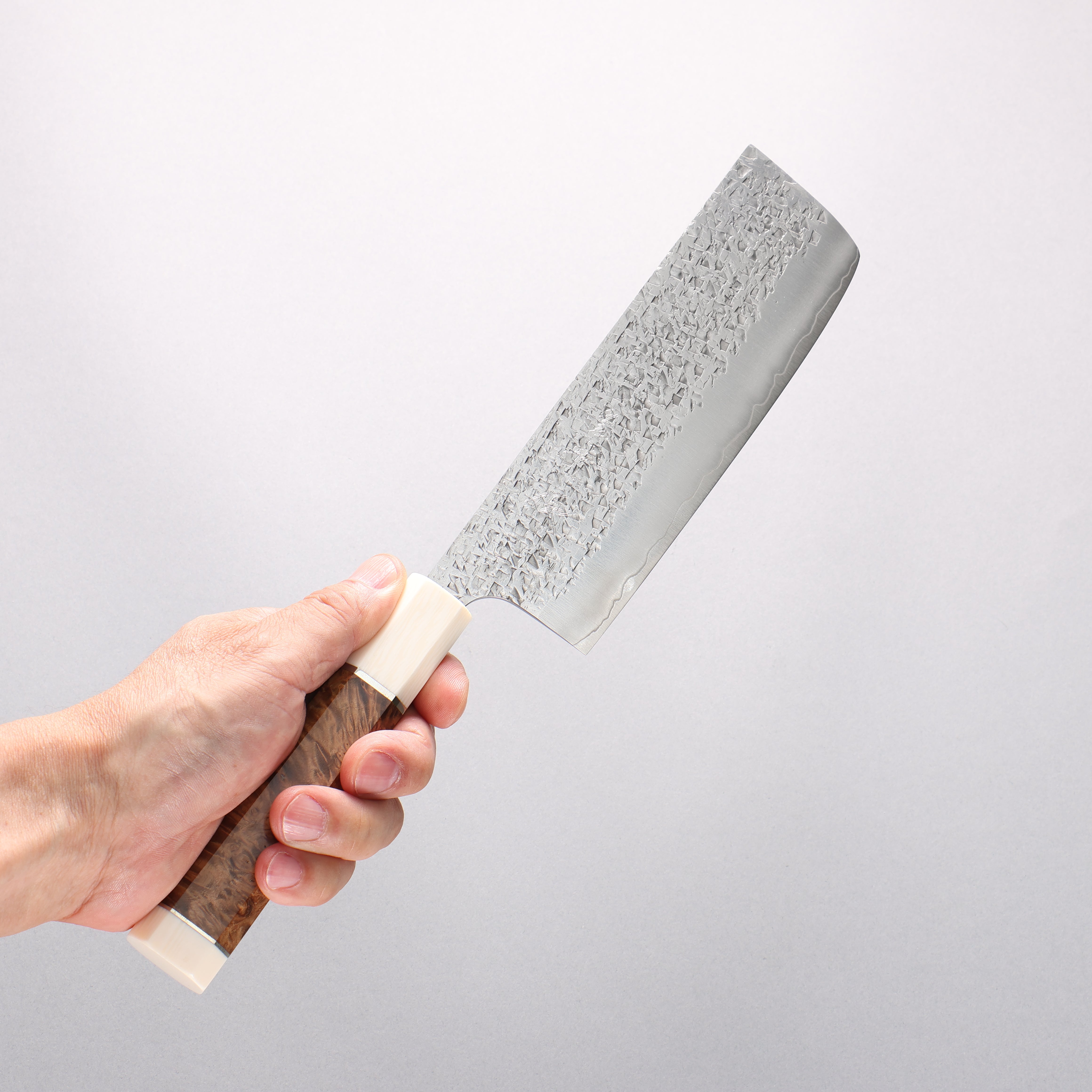 Yu Kurosaki Shizuku SG2 Hammered Nakiri 165mm Chinese Quince Burl (White Ferrule and End Cap) Handle - Seisuke Knife