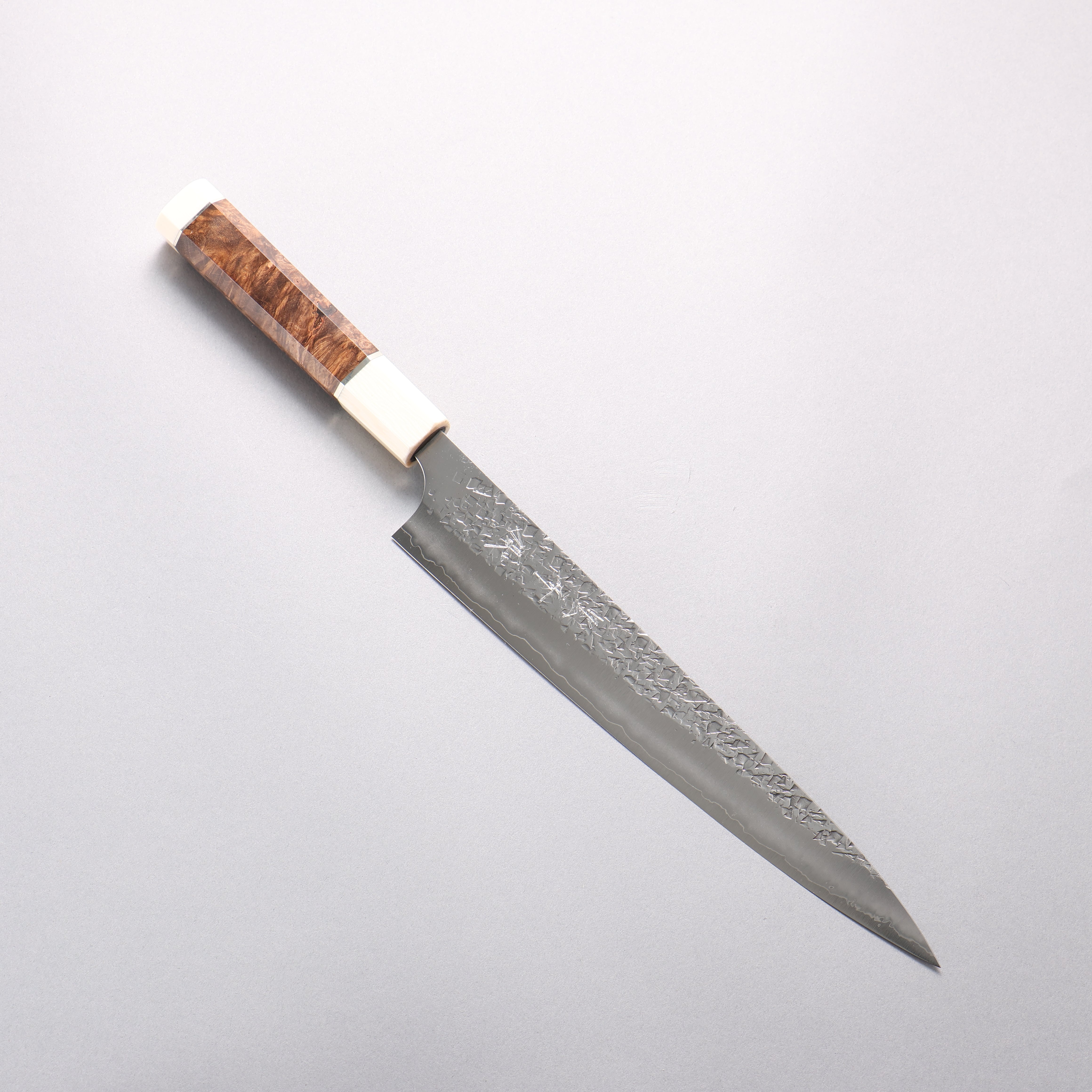 Yu Kurosaki Shizuku SG2 Hammered Sujihiki 240mm Chinese Quince Burl (White Ferrule and End Cap) Handle - Seisuke Knife