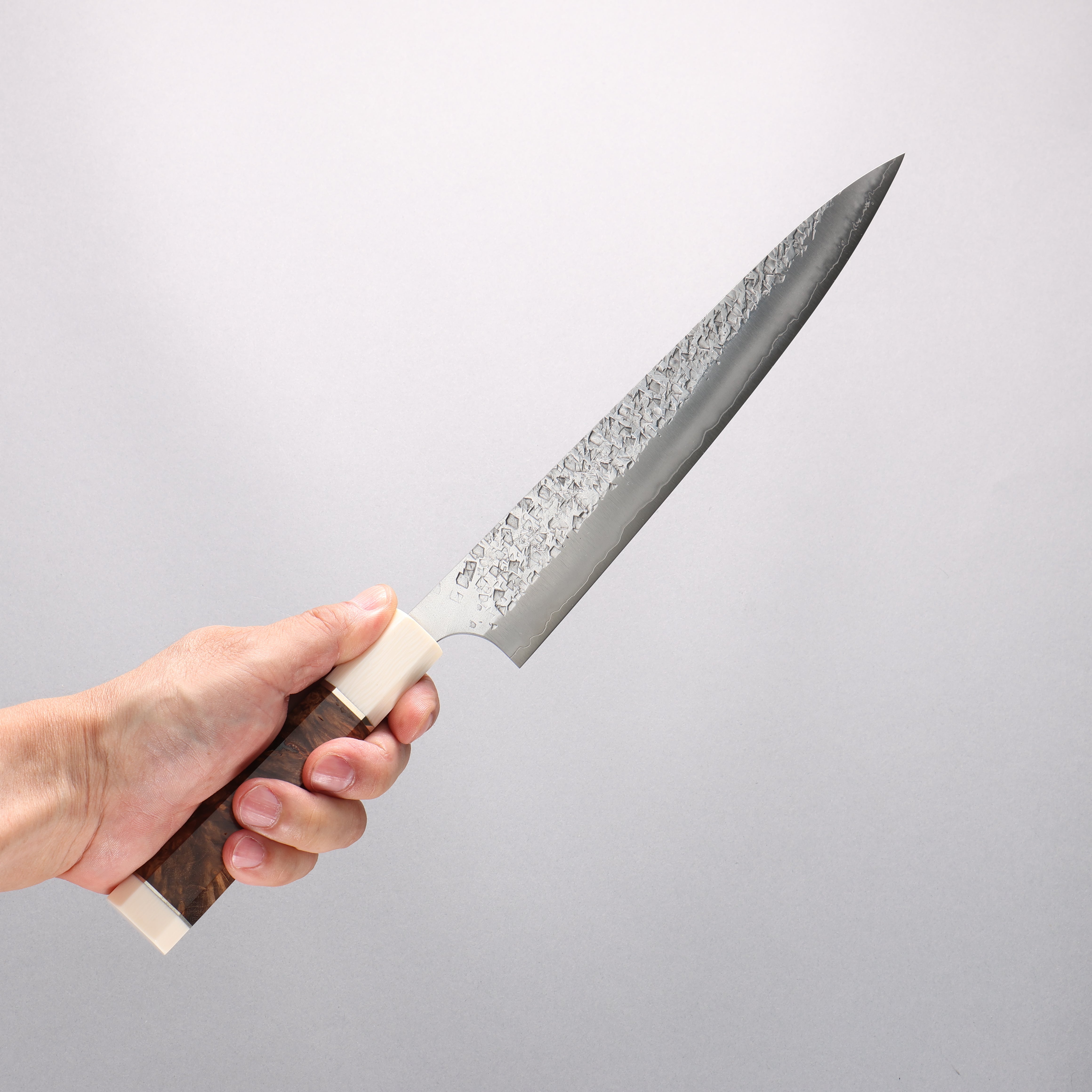 Yu Kurosaki Shizuku SG2 Hammered Sujihiki 240mm Chinese Quince Burl (White Ferrule and End Cap) Handle - Seisuke Knife