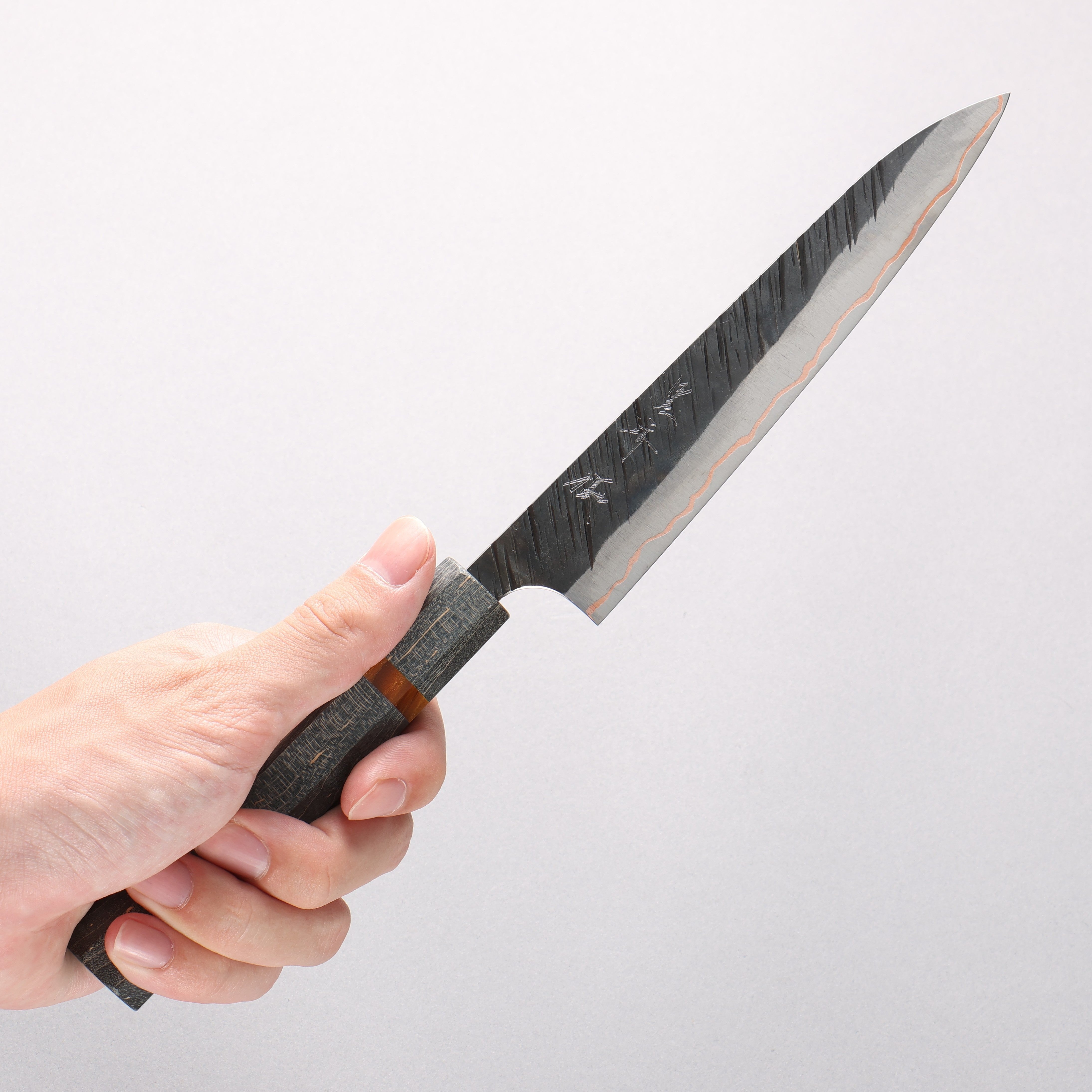 Yu Kurosaki Fujin V-Toku2 Hammered Black Finished Petty-Utility 150mm Stabilized wood (With Acrylic Ring) Handle - Seisuke Knife