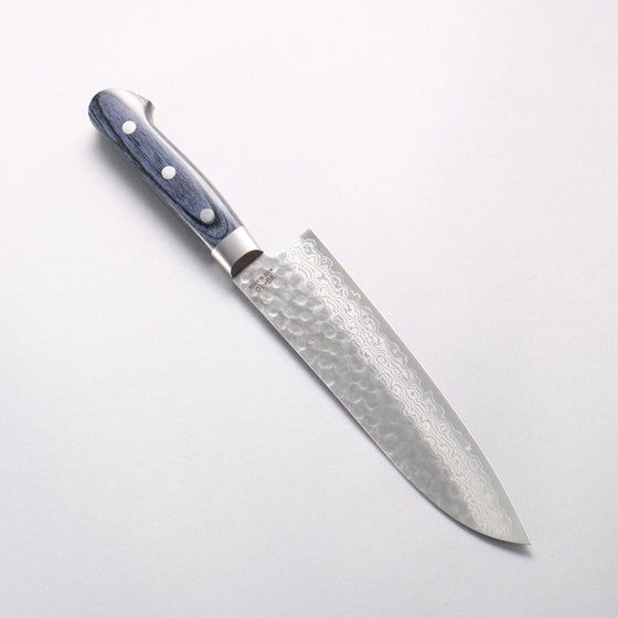 Higuchi VG10 Hammered Damascus Santoku 180mm Blue Pakka wood Handle - Seisuke Knife