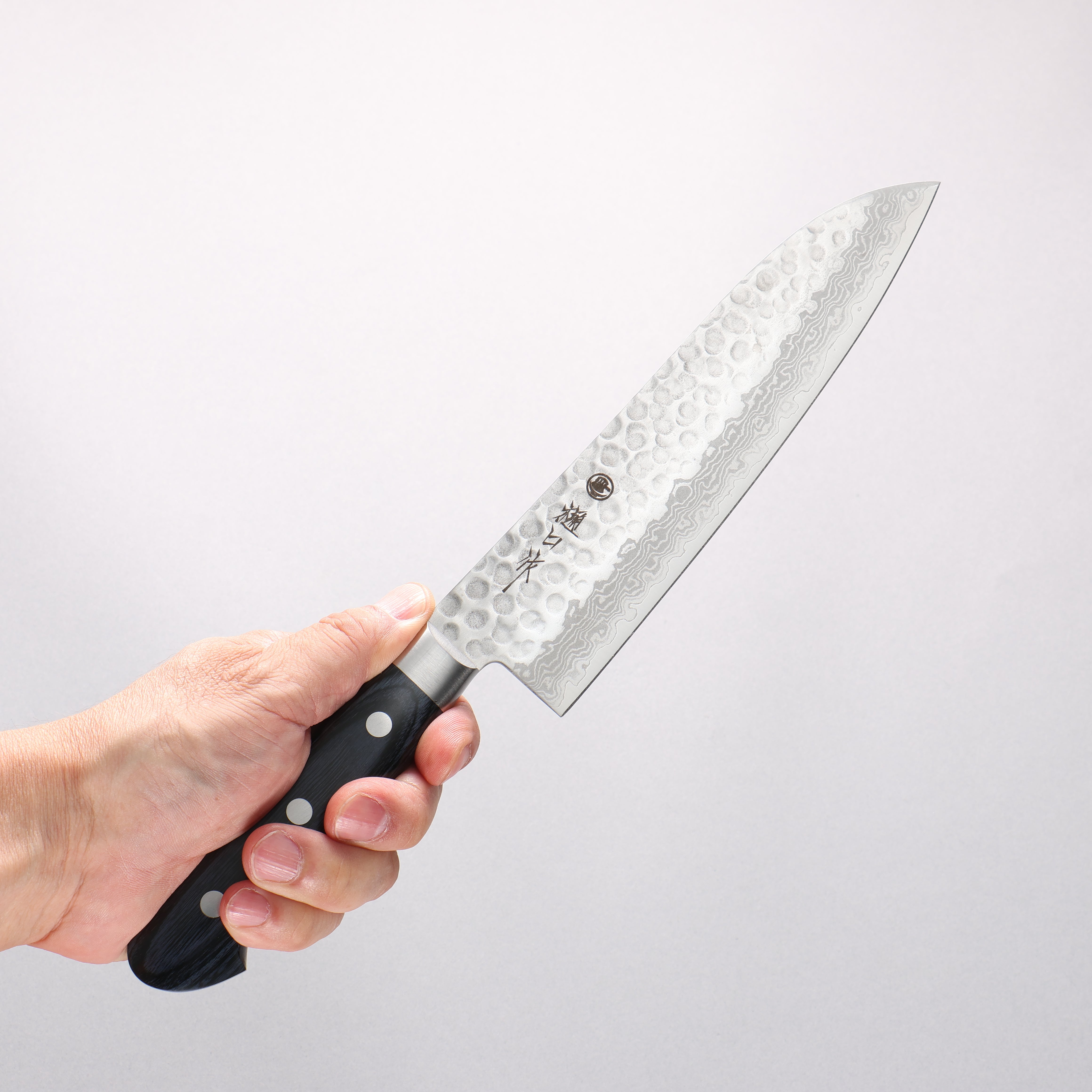 Higuchi VG10 Hammered Damascus Santoku 180mm Blue Pakka wood Handle - Seisuke Knife