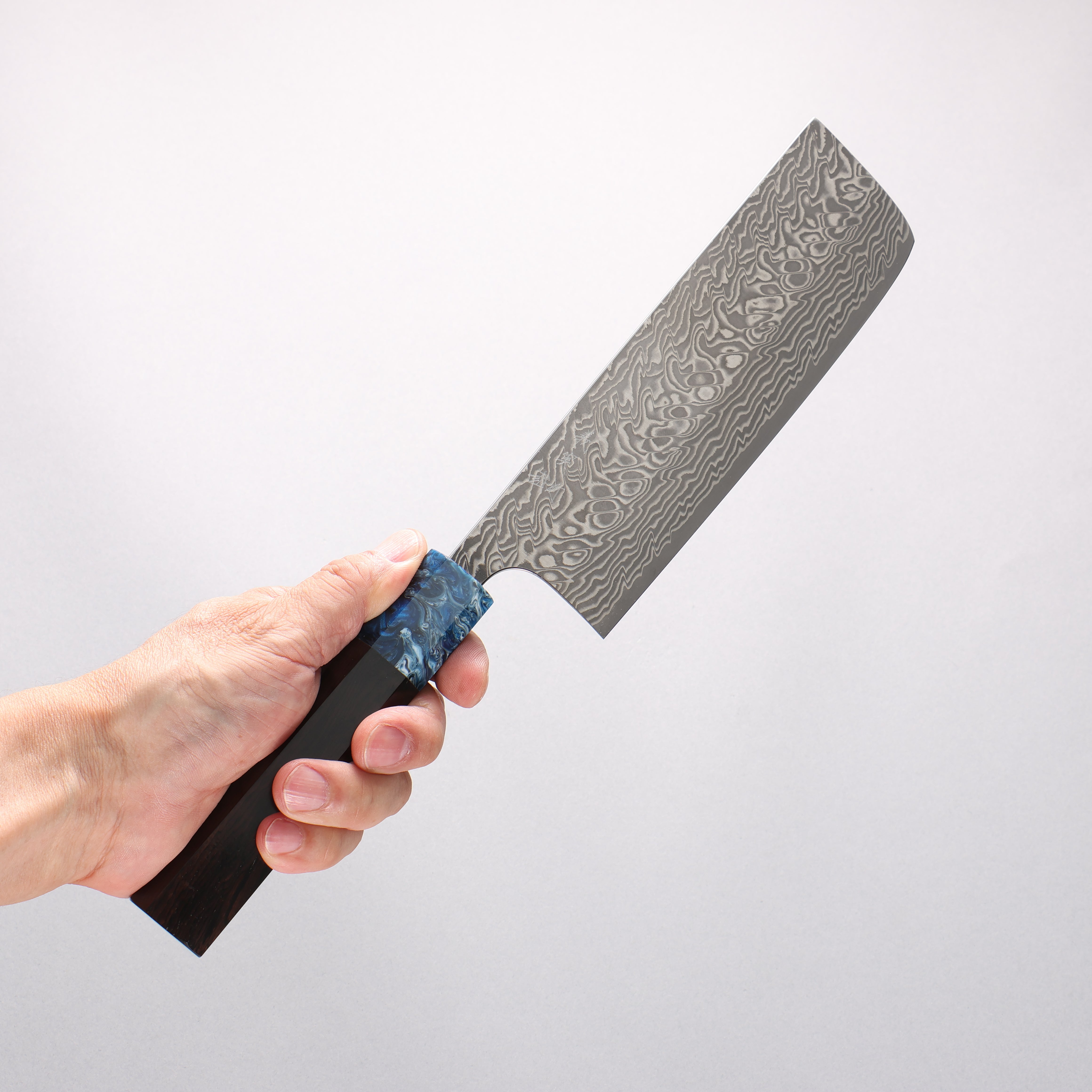 Yoshimi Kato SG2 Black Damascus Nakiri 165mm Ebony Wood & Blue Marble Resin Handle - Seisuke Knife