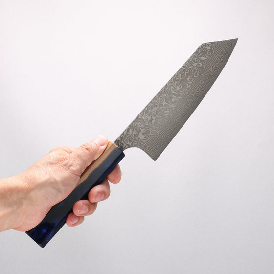 Yoshimi Kato SG2 Black Damascus Bunka 170mm Olive Tree and Blue Resin Handle - Seisuke Knife