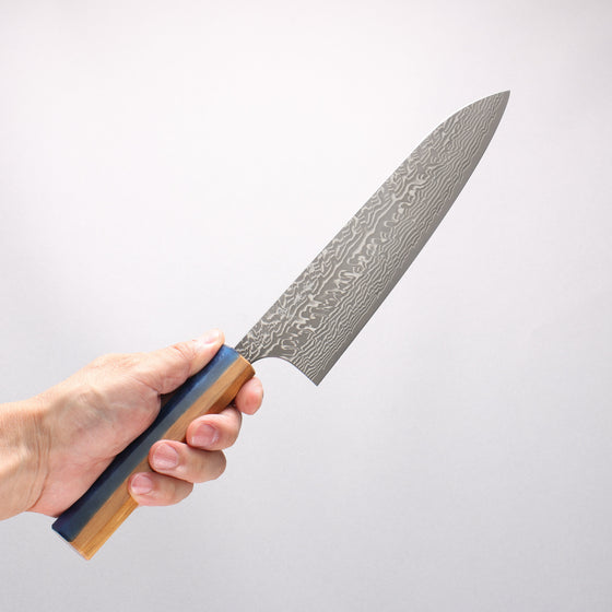 Yoshimi Kato SG2 Black Damascus Gyuto 210mm Olive Tree and Blue Resin Handle - Seisuke Knife