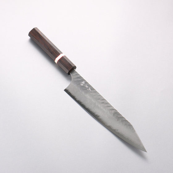 Yoshimi Kato Blue Super Nashiji Hammered (V) Kiritsuke Gyuto 210mm Ebony Wood(With White Ring) Handle - Seisuke Knife