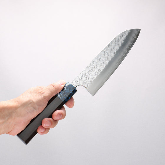 Yoshimi Kato Minamo SG2 Hammered Santoku 170mm Ebony (ferrule: Blue Marble Resin) Handle - Seisuke Knife