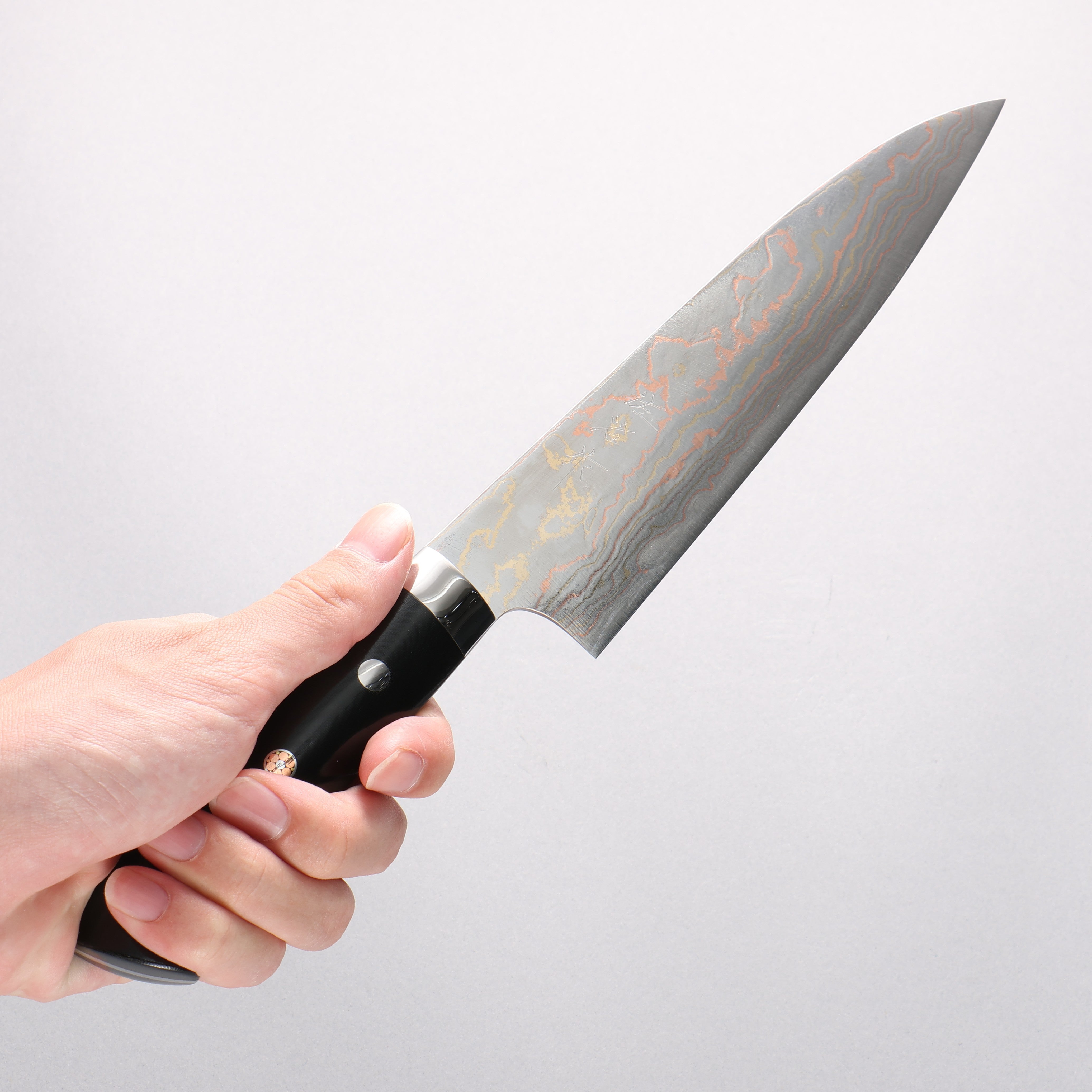 Takeshi Saji Blue Steel No.2 Colored Damascus Gyuto 180mm Black Micarta Handle - Seisuke Knife